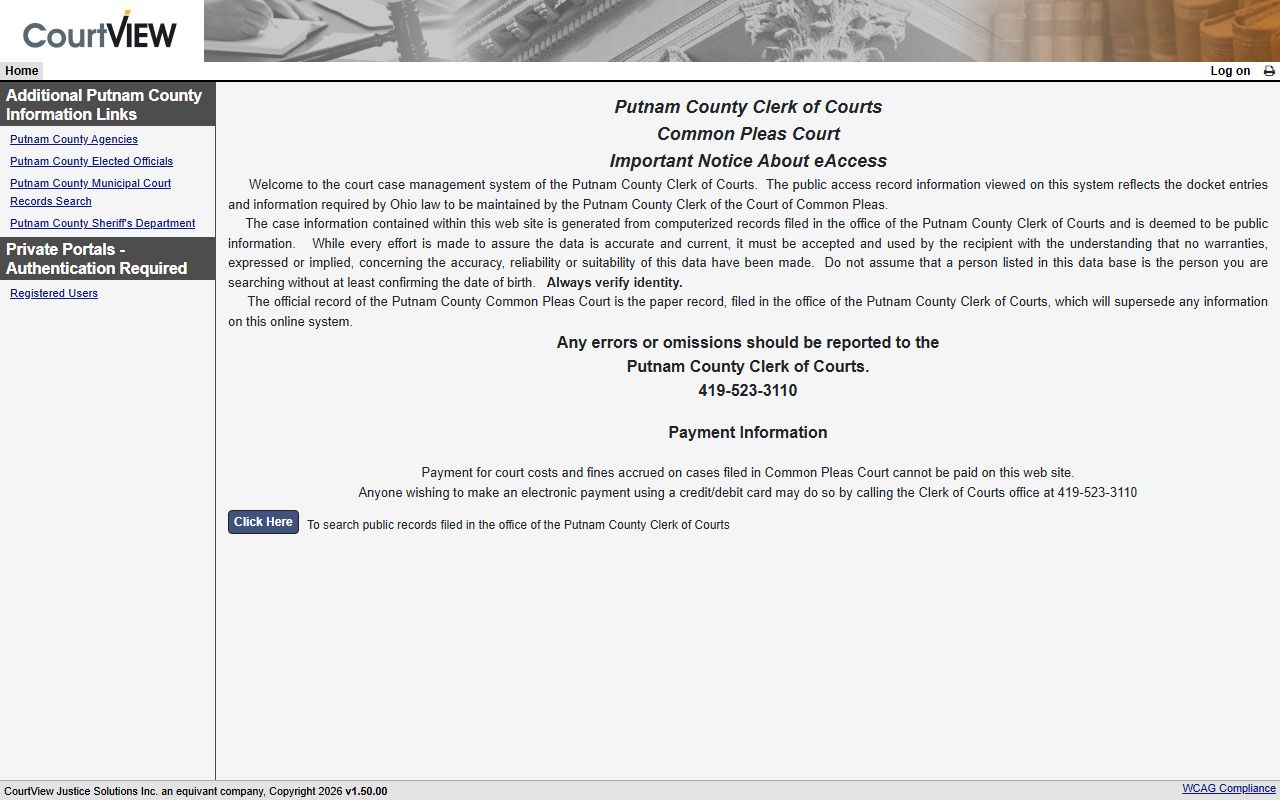 Putnam County court records after arrest Common Pleas CourtView portal screenshot